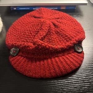 Soft and warm wine red with hints of gold knitted beret beanie with two buttons